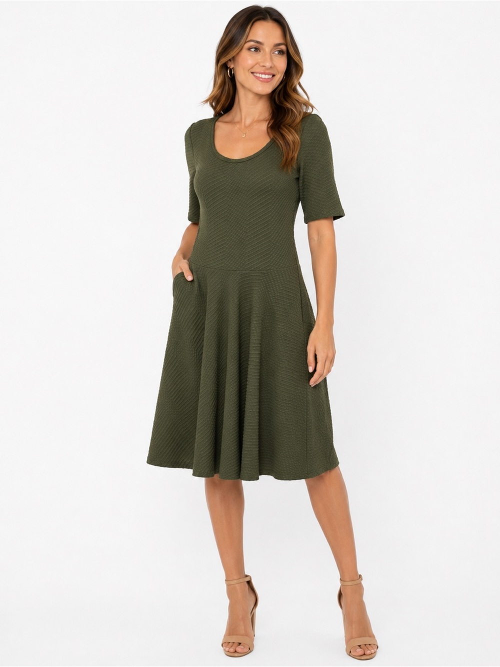 LuLaRoe Olive Green Textured Fit & Flare Midi Dress Size Med NWT Fall Fashion